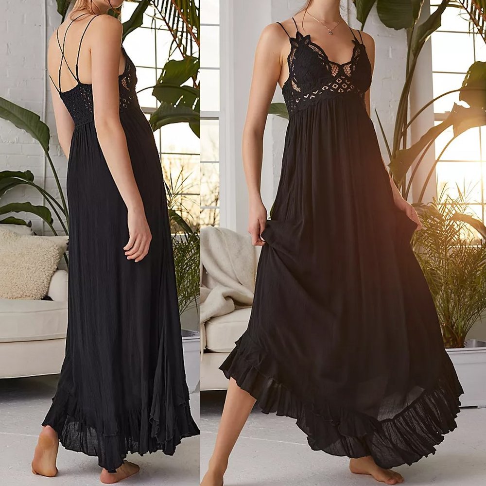 NEW Free People FP One Adella Long Maxi Slip Dress Crochet Lace Black